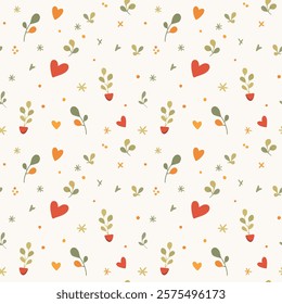 This image a lovely pattern filled with small decorative elements, including hearts, plants, and dots. The color palette features greens, reds, and oranges, contributing to a fresh and vibrant look.