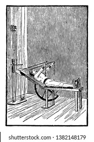 In this image a man is exercising with the folding table for the upper body. This is another way for upper body exercise, vintage line drawing or engraving illustration.