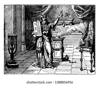 In this image a man is standing in the temple and is praying to God. And there are a lot of lights in the temple. And the prayer book in his hand, vintage line drawing or engraving illustration.