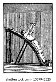 In this image a man is using Quarter Circle machine used for chest and arms & doing exercise, vintage line drawing or engraving illustration.
