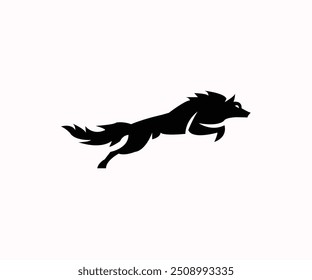 This image is minimalist black silhouette of wolf in mid leap. Design is sleek and streamlined, capturing essence of motion and power in simple, yet dynamic form. Wolf is depicted with strong body.