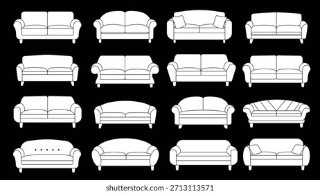 Esta Imagen es una ilustración minimalista en blanco y negro con una Grande colección de varios diseños de sofá y sofá de dos plazas. Los 16 contornos distintos muestran una amplia gama de muebles 