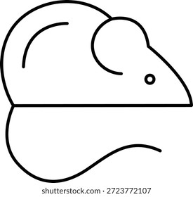 Esta Imagen es un dibujo de línea minimalista de un ratón. El ratón está representado en un perfil lateral con una oreja Grande y redondeada, un ojo Pequeño y una larga cola curvada detrás de él. El dibujo es en blanco y negro con líneas limpias y simples.