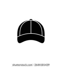 This image is a minimalist vector illustration of a solid black baseball cap. The cap features clear stitching details and a rounded button on top.