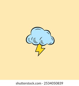 This image is a minimalist vector of a light blue cloud with a yellow lightning bolt underneath, set against a pale yellow background. The style is simple and cartoon-like.