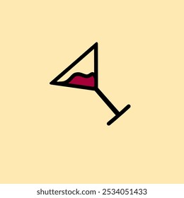 This image is a minimalist vector of a martini glass tilted at an angle, containing a small amount of red liquid. The design is simple, outlined in black, and set against a pale yellow background.