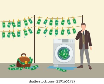 This image is for Money laundering 
 and anti money laundering. Here a person is laundering money with washing machine. USA dollar is laundering to convert black currency into white and legal money.