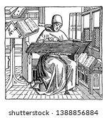 In this image this is a Monk Copyist, who is writing something using pen or something like a pen. There are some books also available, vintage line drawing or engraving illustration.