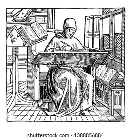 In this image this is a Monk Copyist, who is writing something using pen or something like a pen. There are some books also available, vintage line drawing or engraving illustration.