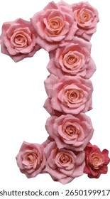 This image number "1" shows the number one creatively formed using a collection of pink roses, with a single, darker rose at the bottom.