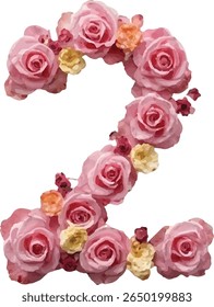 This image number "2" is a stylized illustration of the number two formed by pink and light-yellow roses, possibly created digitally or through a painterly effect.