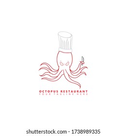 This is an image of an octopus mascot logo that wears a chef's hat and holds a kitchen knife in its tentacles. This logo is suitable for use in restaurants or restaurants serving seafood specialties.