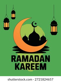 Esta Imagen ofrece un hermoso diseño de Ramadán Kareem; una luna creciente, una majestuosa mezquita y linternas brillantes transmiten el espíritu de lo sagrado