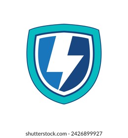 this image on a white background is a shield logo with a flash or electricity symbol in the middle in simple flat style
