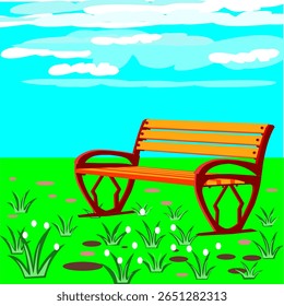 This is an image of a park bench, viewed from a perspective angle, with a background of a cloudy blue sky and a stretch of green grass