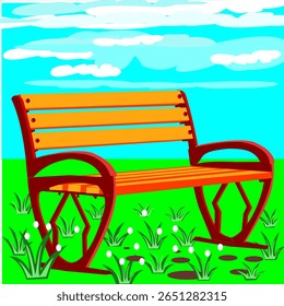 This is an image of a park bench, viewed from a perspective angle, with a background of a cloudy blue sky and a stretch of green grass