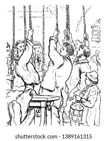 In this image people are celebrating the New Year night by playing the Chimes, vintage line drawing or engraving illustration.