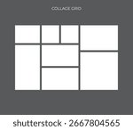 This is an image of a photo collage grid icon. It shows a rectangular frame with multiple white cells of varying sizes, representing spaces for pictures. The background is a solid dark gray.