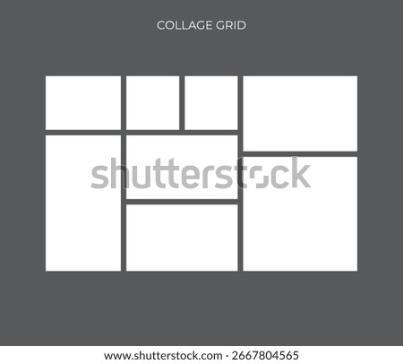 This is an image of a photo collage grid icon. It shows a rectangular frame with multiple white cells of varying sizes, representing spaces for pictures. The background is a solid dark gray.