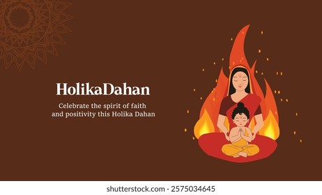 This image portrays the symbolic Holika Dahan ceremony, representing the power of faith and positivity during the Holi festival. The mother and child sitting near the fire reflect the nurturing aspect