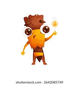 This image portrays a whimsical cartoon character made of wood, with endearing big eyes, as it confidently holds a burning torch. It is suitable for various applications.