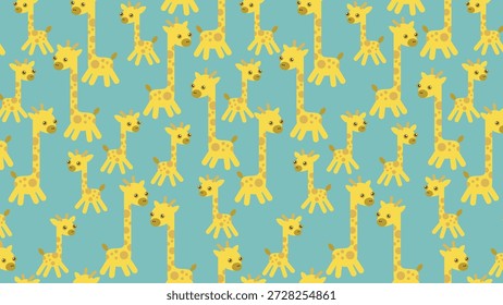 Esta Imagen retrata un caprichoso patrón sin fisuras de lindas jirafas amarillas con manchas y cuellos largos, dispuestas lúdicamente sobre un suave fondo turquesa para un divertido diseño inspirado en el safari.