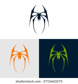 Esta imagem apresenta um desenho abstrato de aranha em três esquemas de cores diferentes. O elemento de design central apresenta uma silhueta de aranha com pernas e asas alongadas, apresentadas contra um pano de fundo limpo. O design emprega um estilo minimalista com linhas nítidas e cores contrastantes, adequado para diversas aplicações comerciais.