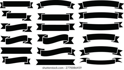 This image presents an array of solid black ribbon banners, useful for various design projects needing clear, bold textual placeholders or decorative elements.