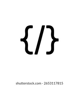 This image presents a bold, black code symbol against a clean white backdrop, showcasing curly braces flanking a forward slash, essential for coding concepts.