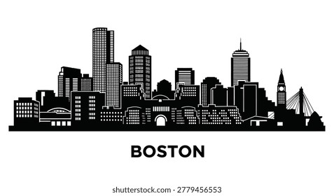 This image presents a bold, black silhouette of the Boston skyline, featuring numerous buildings, towers, and recognizable landmarks against a white background.