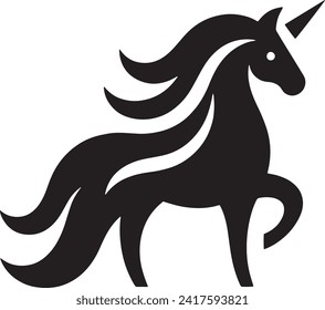 This image presents a captivating black silhouette of a unicorn in a poised stance. The silhouette displays the mythical creature's flowing mane and distinctive horn, which symbolize purity, magic.