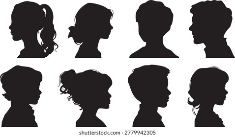 This image presents a charming collection of eight black silhouette profile portraits of children, featuring both boys and girls with a variety of hairstyles. Arranged in two rows against a clean white background, the silhouettes capture the distinct profiles of young individuals. This graphic representation is ideal for designs related to childhood, family, education, or any theme involving children in a stylized format.