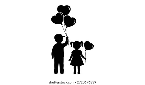 Esta Imagen presenta una silueta encantadora de niños con globos de corazón, un estilo distintivo.