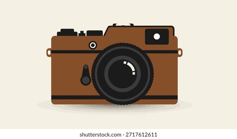 Esta Imagen presenta una encantadora cámara vintage marrón en un estilo gráfico plano. Las líneas limpias y las Formas simples evocan un sentido de nostalgia y Fotografía retro. La cámara se representa con su lente,