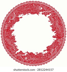 This image presents a circular pattern with an ornamental design. The dominant red color forms intricate details against a white background. The composition features decorative edges and a central empty space. This design may be suitable for various commercial or editorial applications such as graphic design or print media.