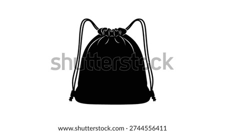 This image presents a clean, black silhouette of a drawstring backpack, notable for its stark contrast and distinctive silhouette style.