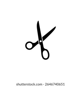 Esta imagem apresenta um design claro e minimalista de tesoura preta isolada sobre um fundo branco plano. As linhas nítidas enfatizam a forma e a função da ferramenta.