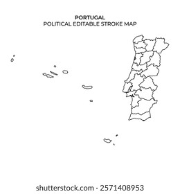 This image presents a clear outline of Portugal, showing political divisions across the mainland and islands. The design is suitable for editing or educational purposes.