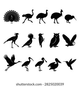 This image presents a collection of bird silhouettes in black, set against a plain white background. The style is a