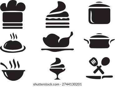 This image presents a collection of black silhouette icons representing diverse hot foods and drinks. Included are items like burgers, soups, roasted meats, and various serving dishes, creating a culinary theme.