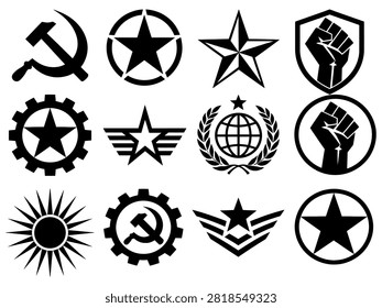 This image presents a collection of black silhouettes depicting various communist, military, and industrial symbols against a clean white background, suitable for diverse design applications.