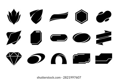 This image presents a collection of black badge and label silhouettes in diverse shapes, offering versatile graphic elements for design projects. The distinctive silhouette style provides a bold and impactful visual.