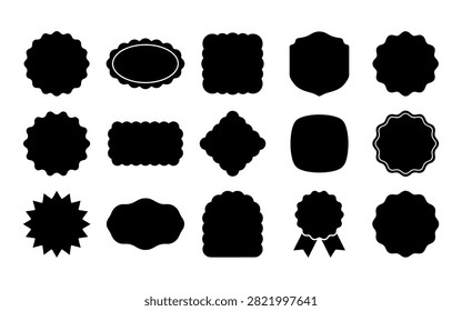 This image presents a collection of black badge and label silhouettes in various shapes, offering versatile graphic elements with a distinctive silhouette style.