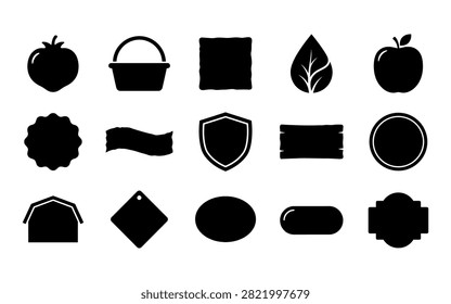 This image presents a collection of black badge and label silhouettes, showcasing a variety of shapes and forms against a clean white background. The distinctive silhouette style provides a versatile graphic element.