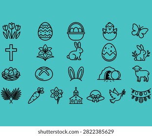 This image presents a collection of black line icons on a teal background, depicting various Easter and spring-related subjects, including flowers, eggs, rabbits, and religious symbols.