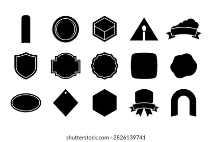 This image presents a collection of black badge silhouettes in diverse shapes, offering versatile graphic elements for branding and design projects. The distinctive silhouette style provides a clean and modern aesthetic.