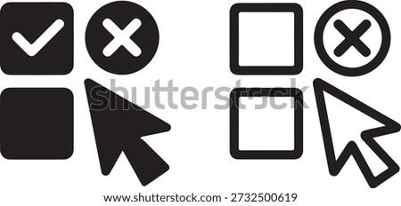 This image presents a collection of black and white icons, including checked and unchecked boxes, a cursor arrow, and negative symbols. It visually represents digital selection, confirmation, and user interaction. high-quality professional detailed modern elegant