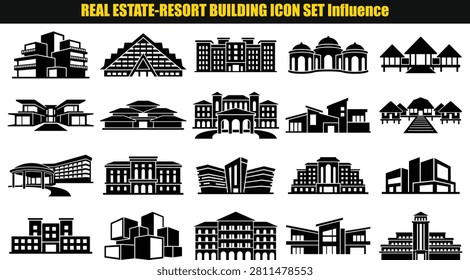 This image presents a collection of building shapes including various architectural structures and resort facades. The structures are rendered in a monochromatic style showcasing different building designs and exterior views.