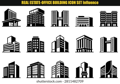 This image presents a collection of building shapes rendered in a two-tone style. The architectural forms depict various building types including skyscrapers and office blocks against a light-colored backdrop.