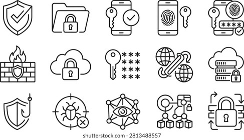 This image presents a collection of cybersecurity-themed icons in a flat linear style notably featuring a distinct silhouette aesthetic. Icons depict locks keys shields and fingerprint 